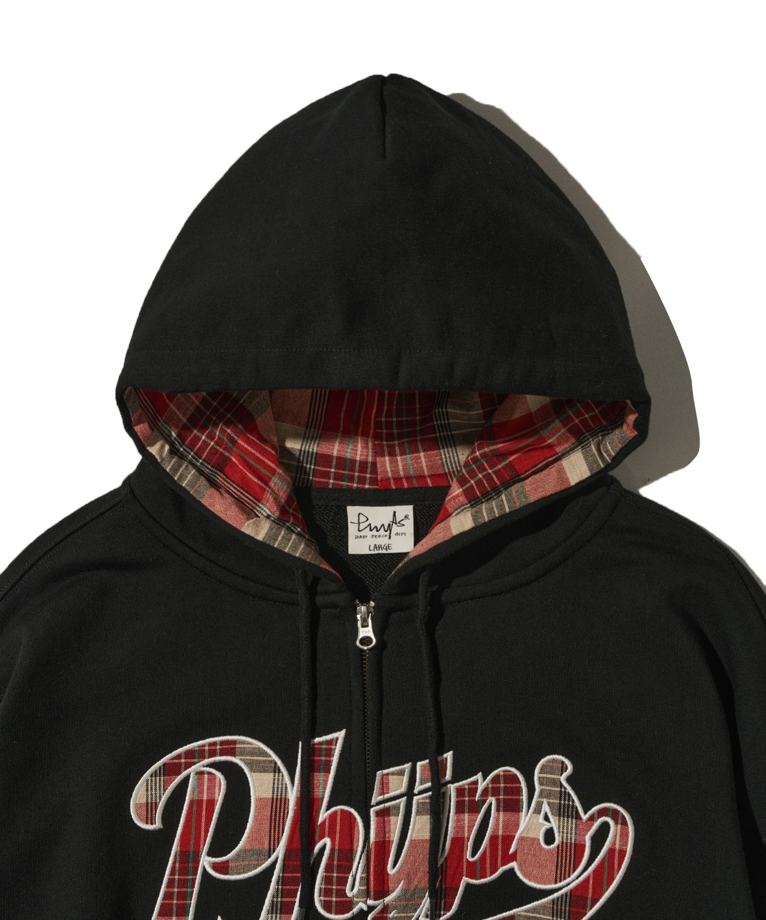 MUSINSA | PHYPS Check Star Tail Elbow Patch Hoodie_Black