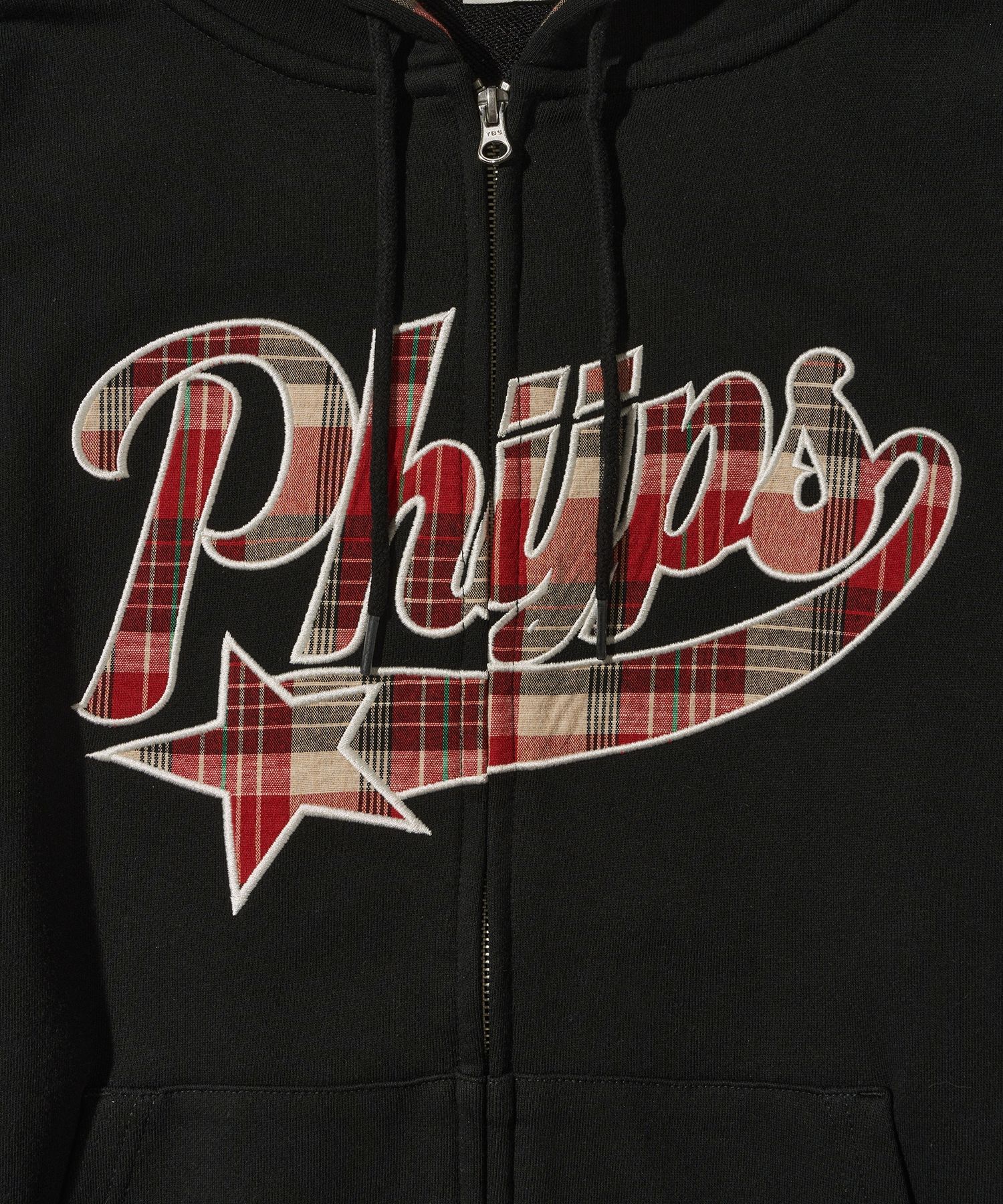 MUSINSA | PHYPS Check Star Tail Elbow Patch Hoodie_Black