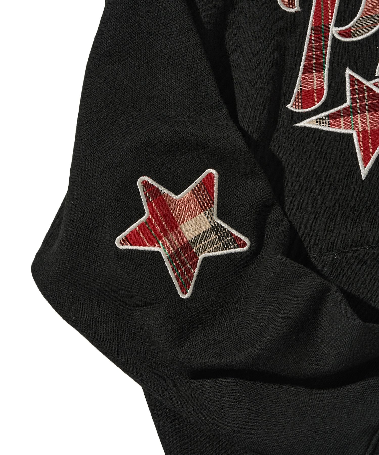 MUSINSA | PHYPS Check Star Tail Elbow Patch Hoodie_Black
