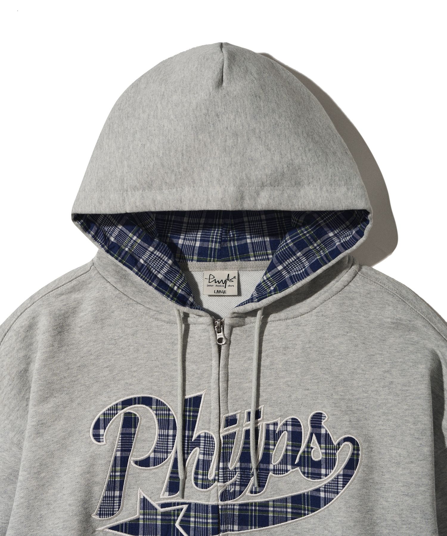 MUSINSA | PHYPS Check Star Tail Elbow Patch Hoodie_Gray
