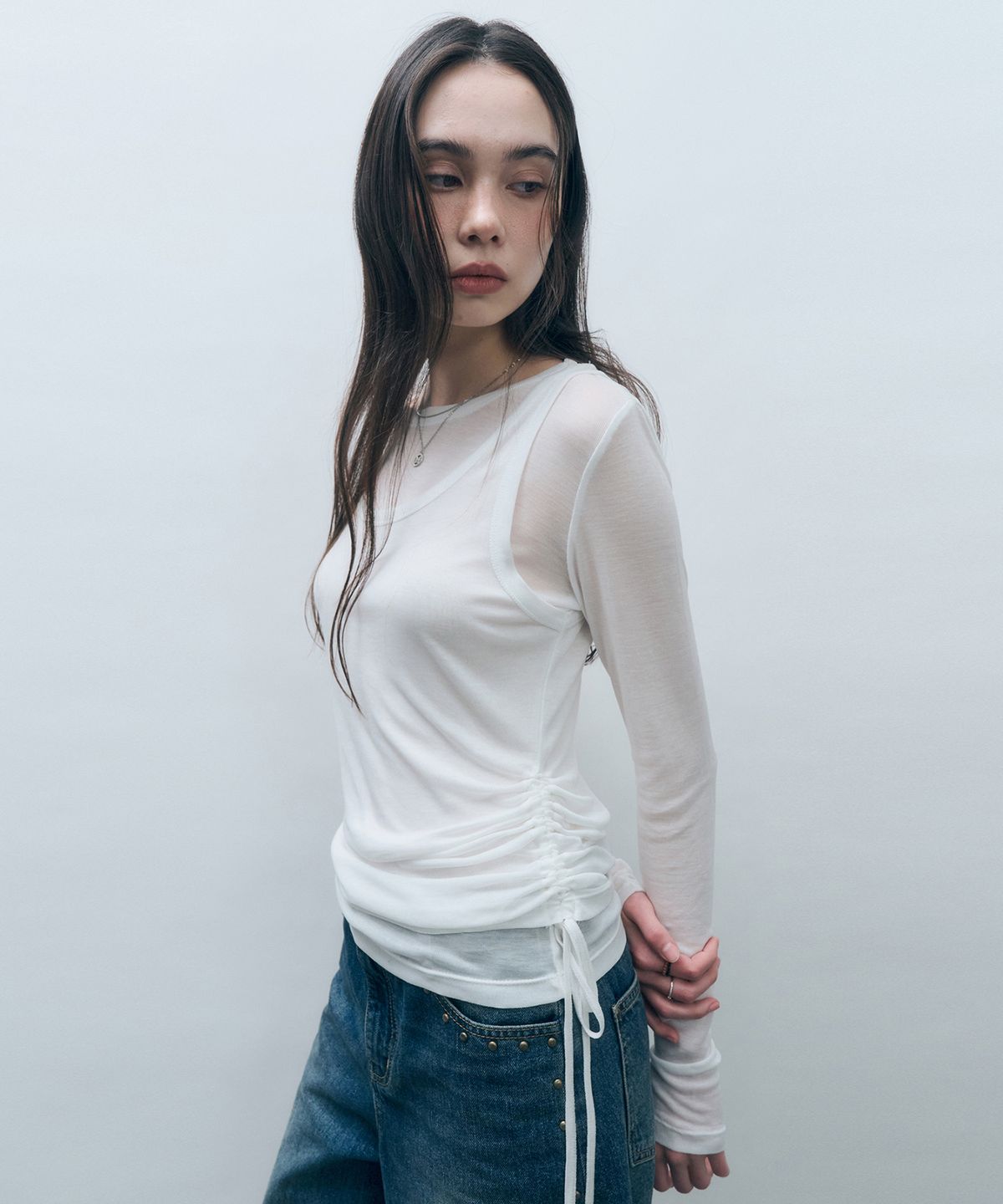 몽돌(MONGDOL) [SET] 사이드 셔링 레이어드 티셔츠 화이트 MDTS067WHITE