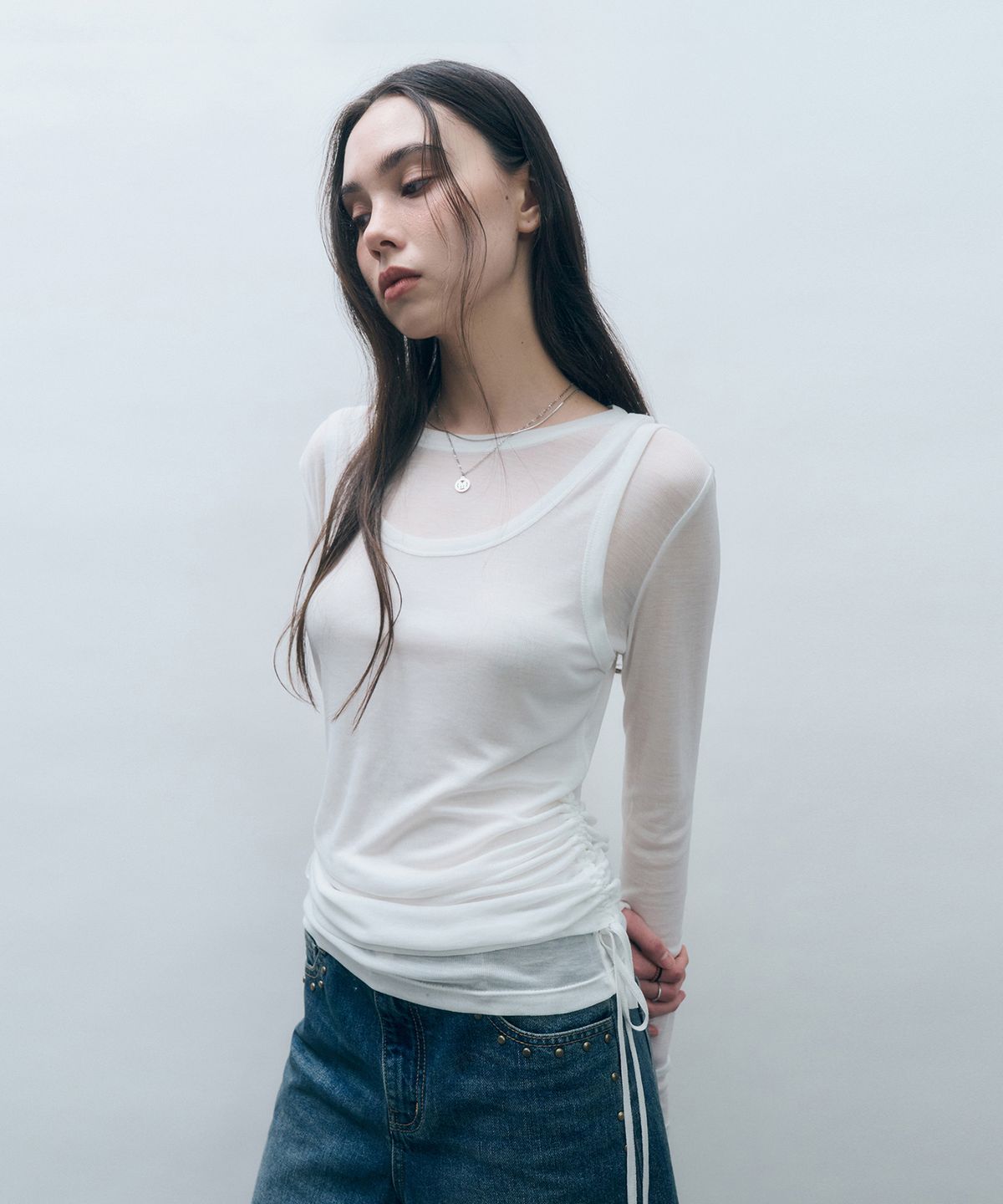 몽돌(MONGDOL) [SET] 사이드 셔링 레이어드 티셔츠 화이트 MDTS067WHITE