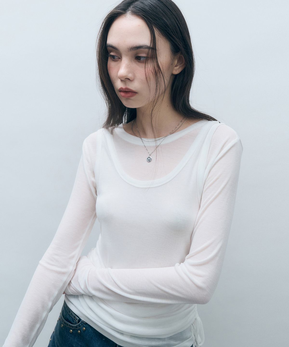 몽돌(MONGDOL) [SET] 사이드 셔링 레이어드 티셔츠 화이트 MDTS067WHITE