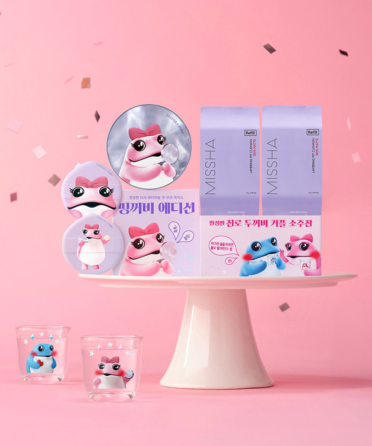 미샤(MISSHA) 진로 핑꺼비 에디션 진로 콜라보_매트 쿠션 세트 (케이스+리필 2개+커플잔+퍼프2P) (택1)