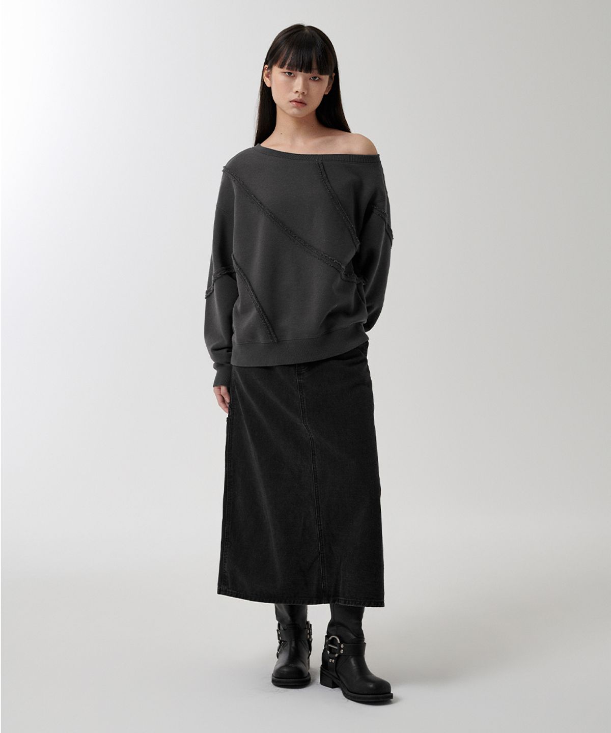 마하그리드(MAHAGRID) CUT OFF ONE SHOULDER SWEATSHIRT CHARCOAL(MG2FSFM452A)