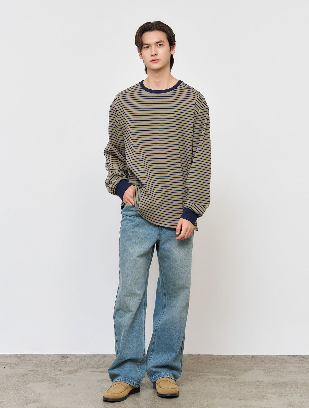 제너럴아이디어(GENERALIDEA) UNISEX 베이직 스트라이프 롱 슬리브 티 [OLIVE] / SBE1U01005
