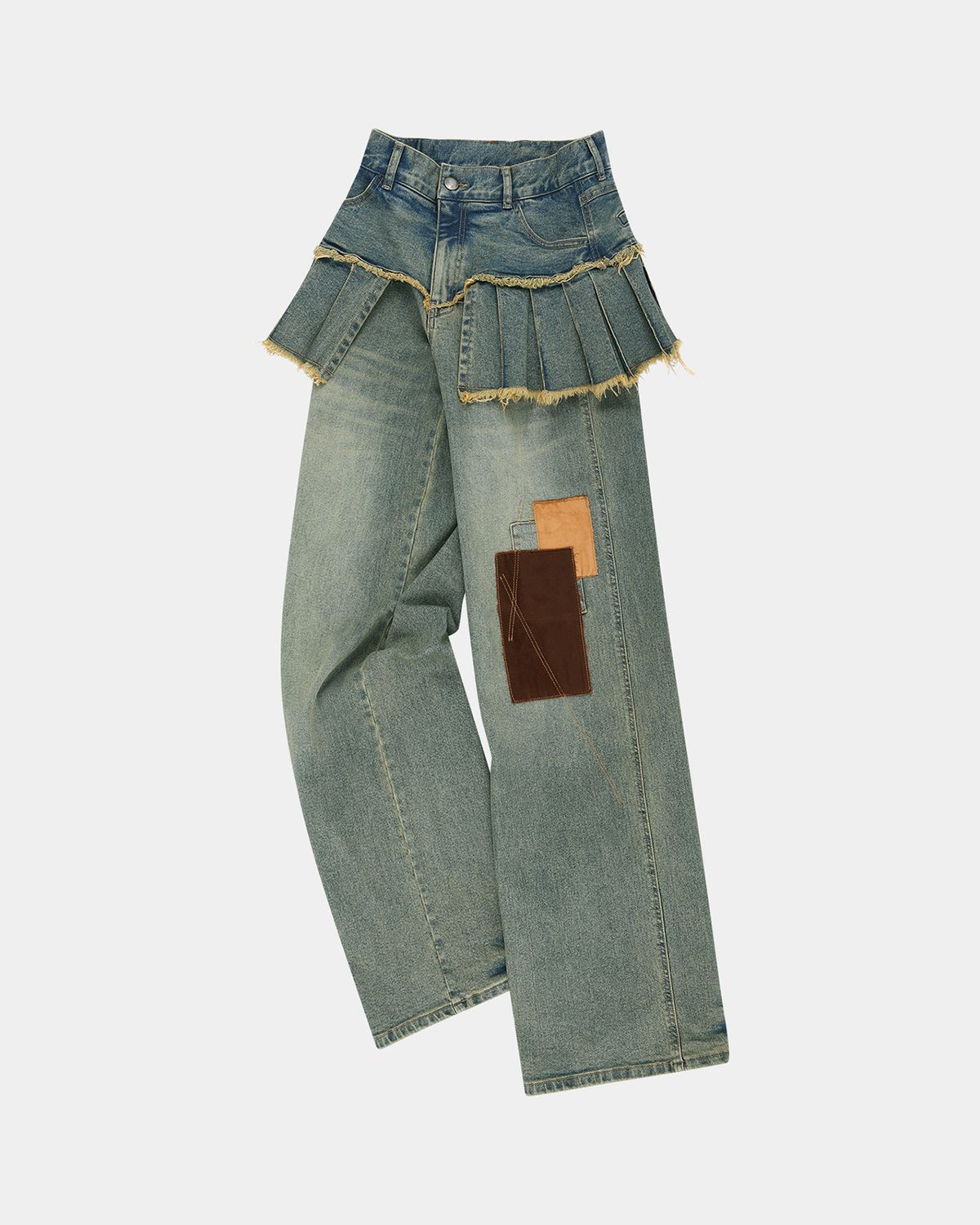 앤더슨벨(ADSB ANDERSSON BELL) 패치워크 데님 플리츠 스커트 진  apa799w(WASHED BLUE)