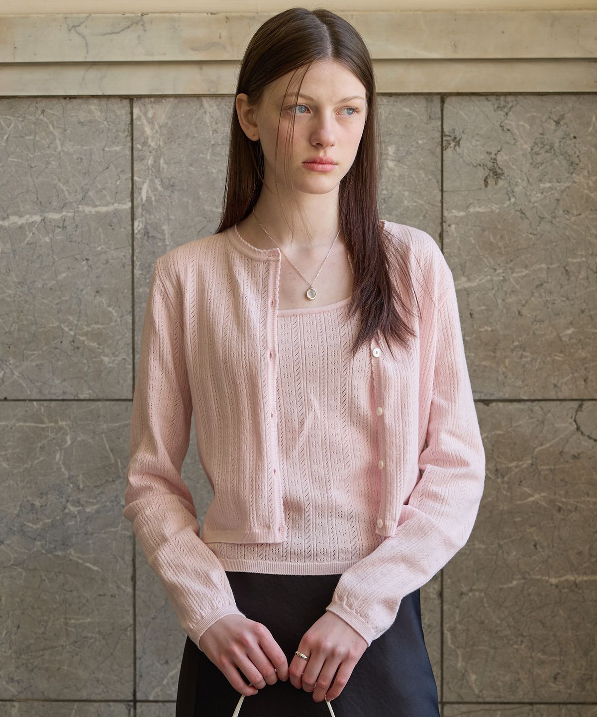 튜드먼트(TTUDEMENT) EYELET CARDIGAN SET-UP LIGHT PINK