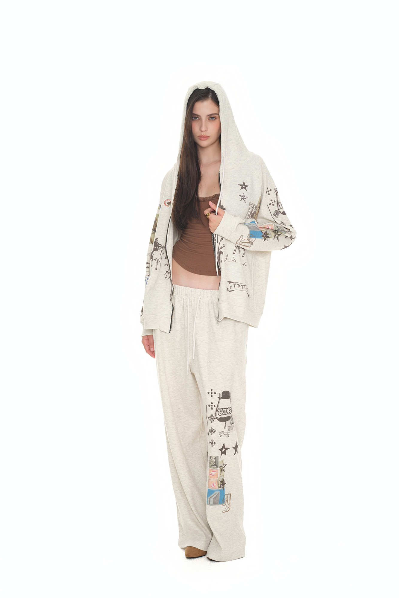 MUSINSA | TOOMUCHTAX PRINTED WAFFLE ZIP-UP HOODIE (IVORY)