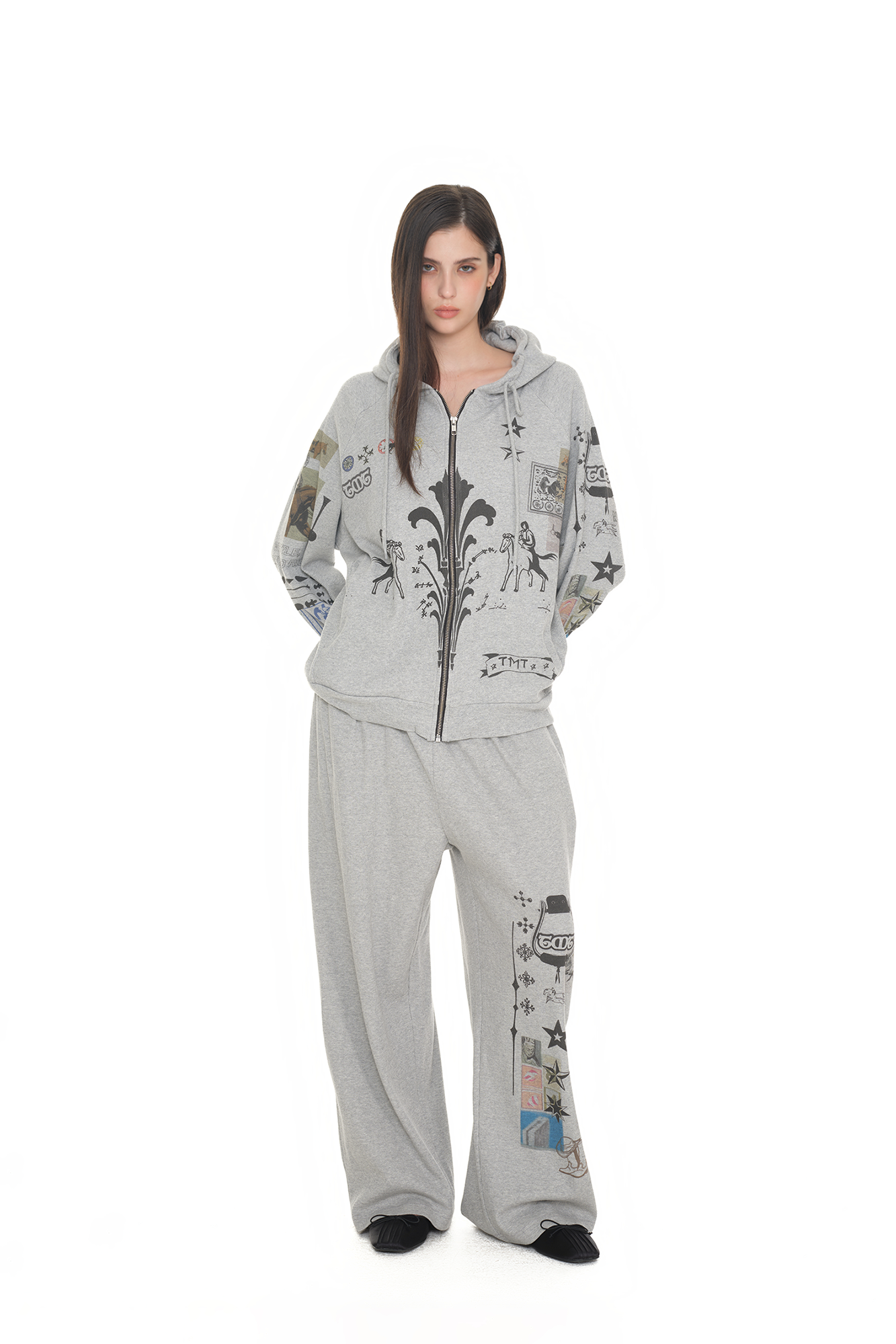 MUSINSA | TOOMUCHTAX PRINTED WAFFLE ZIP-UP HOODIE (GREY)