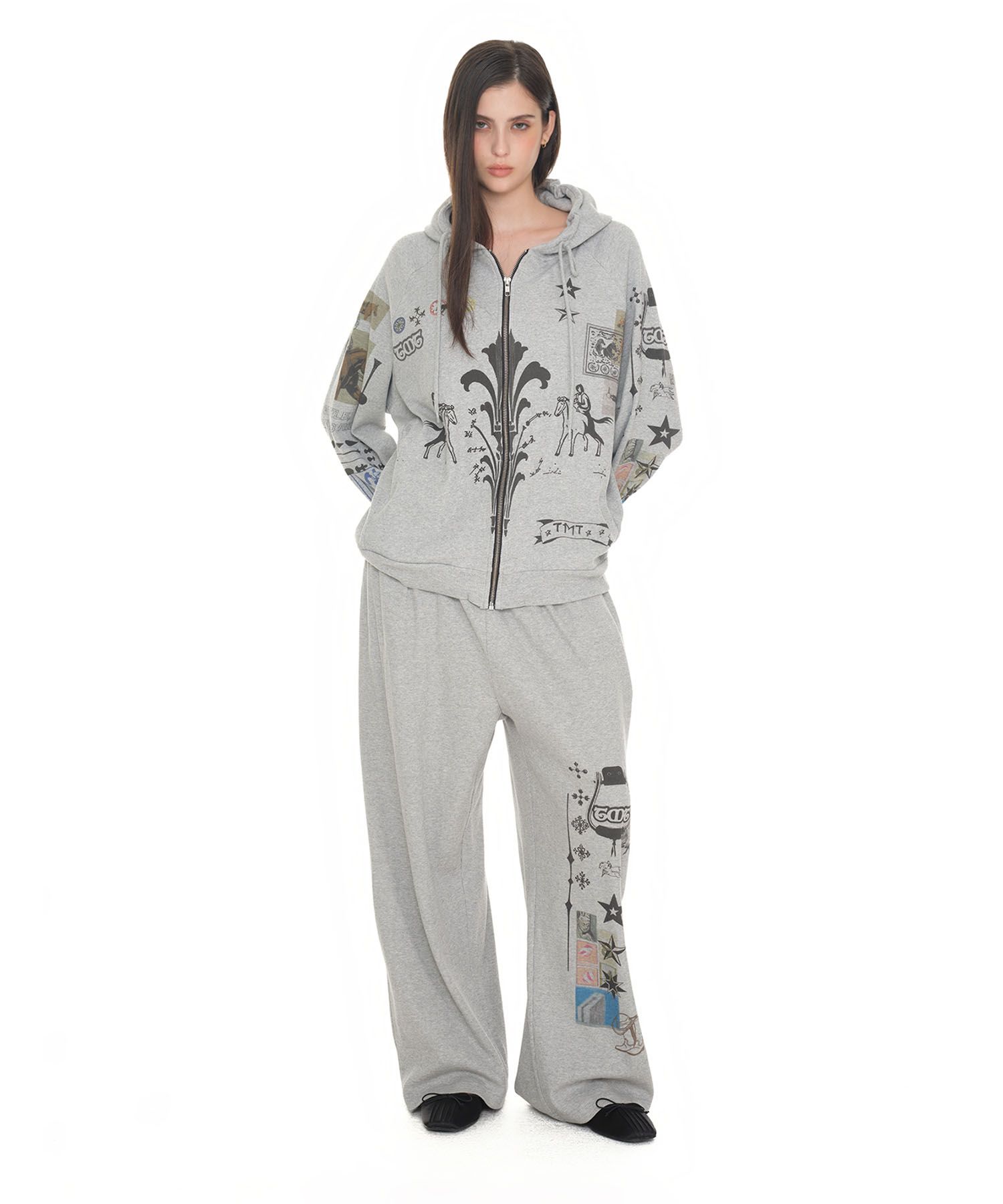 MUSINSA公式 | TOOMUCHTAX PRINTED WAFFLE ZIP-UP HOODIE (GREY)