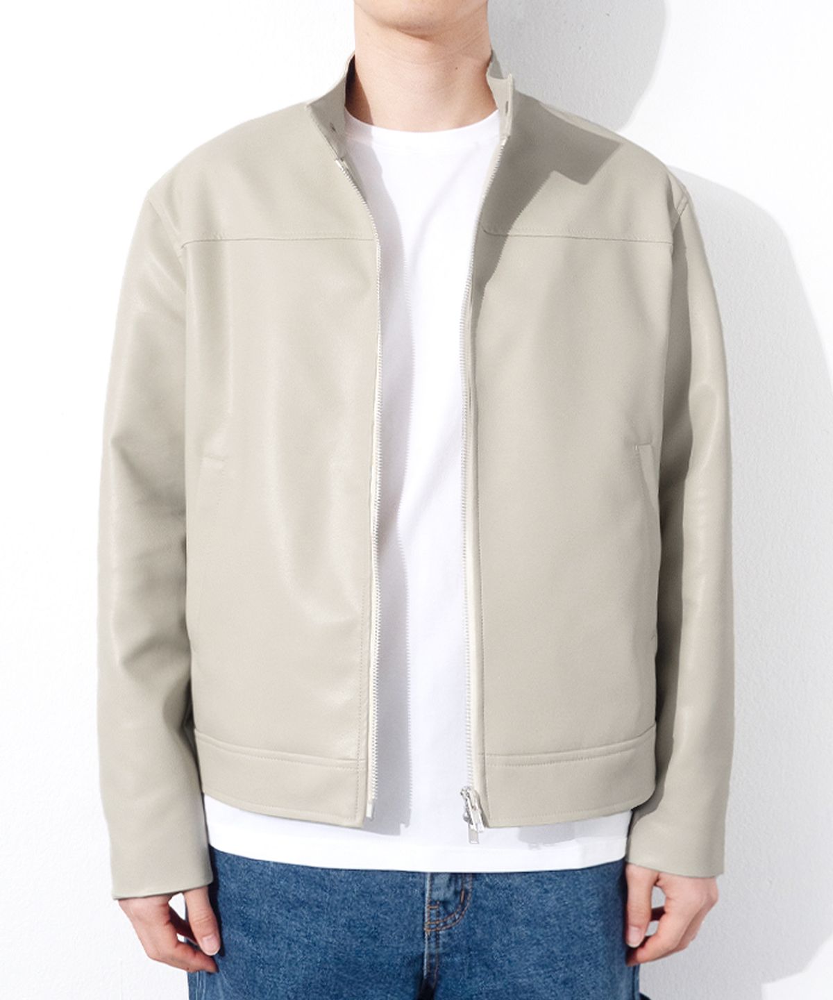 큐티에잇 가먼츠(QT8 GARMENTS) RG Synthetic Leather Moto Jacket (Cream)