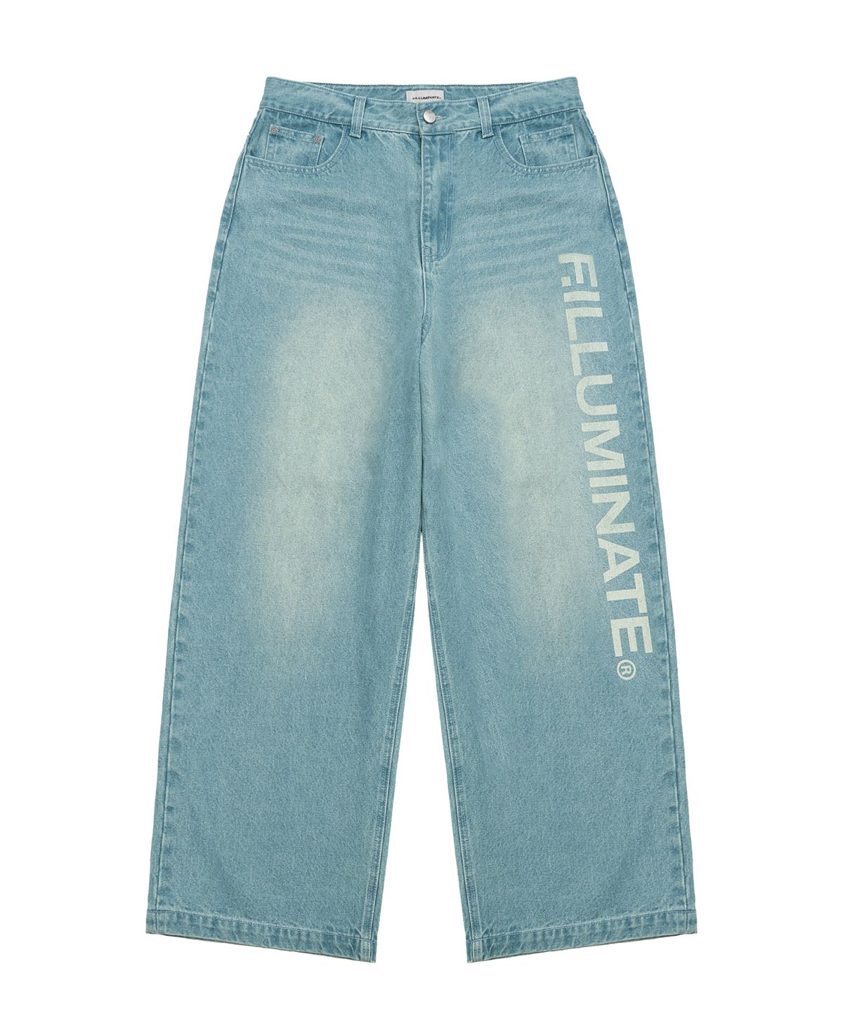 필루미네이트(FILLUMINATE) 레터링 와이드 데님 팬츠-라이트블루