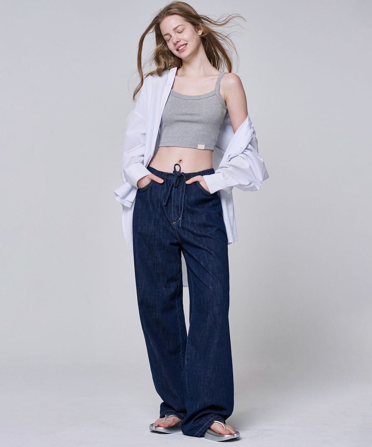 마롭(MALOUPE) 9142 경량 밴딩 와이드 데님팬츠 (다크 인디고)
