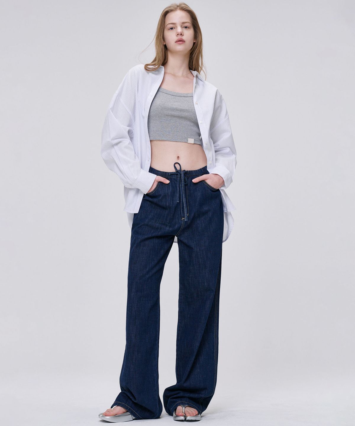 마롭(MALOUPE) 9142 경량 밴딩 와이드 데님팬츠 (다크 인디고)