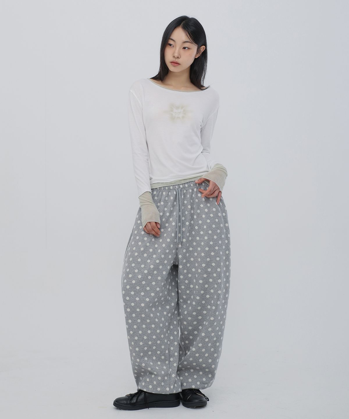 칙스(CHICKS) 도트 라인 와이드 스트링 팬츠 멜란지