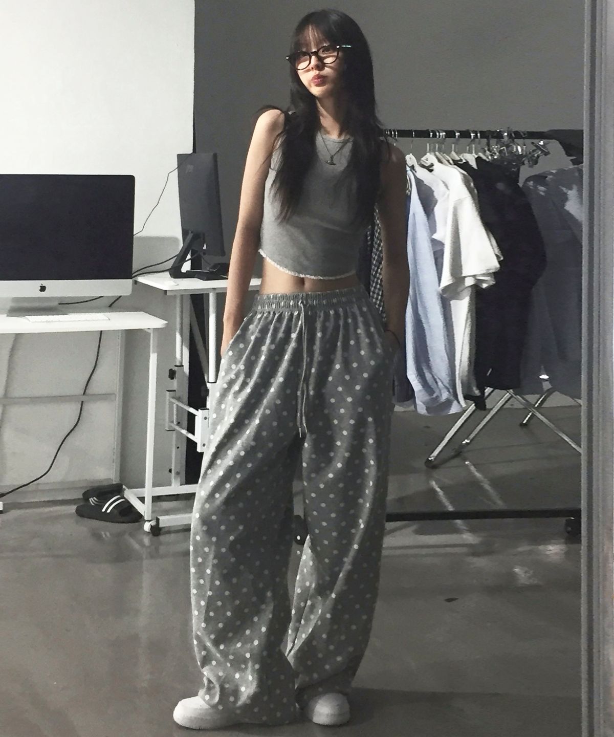 칙스(CHICKS) 도트 라인 와이드 스트링 팬츠 멜란지