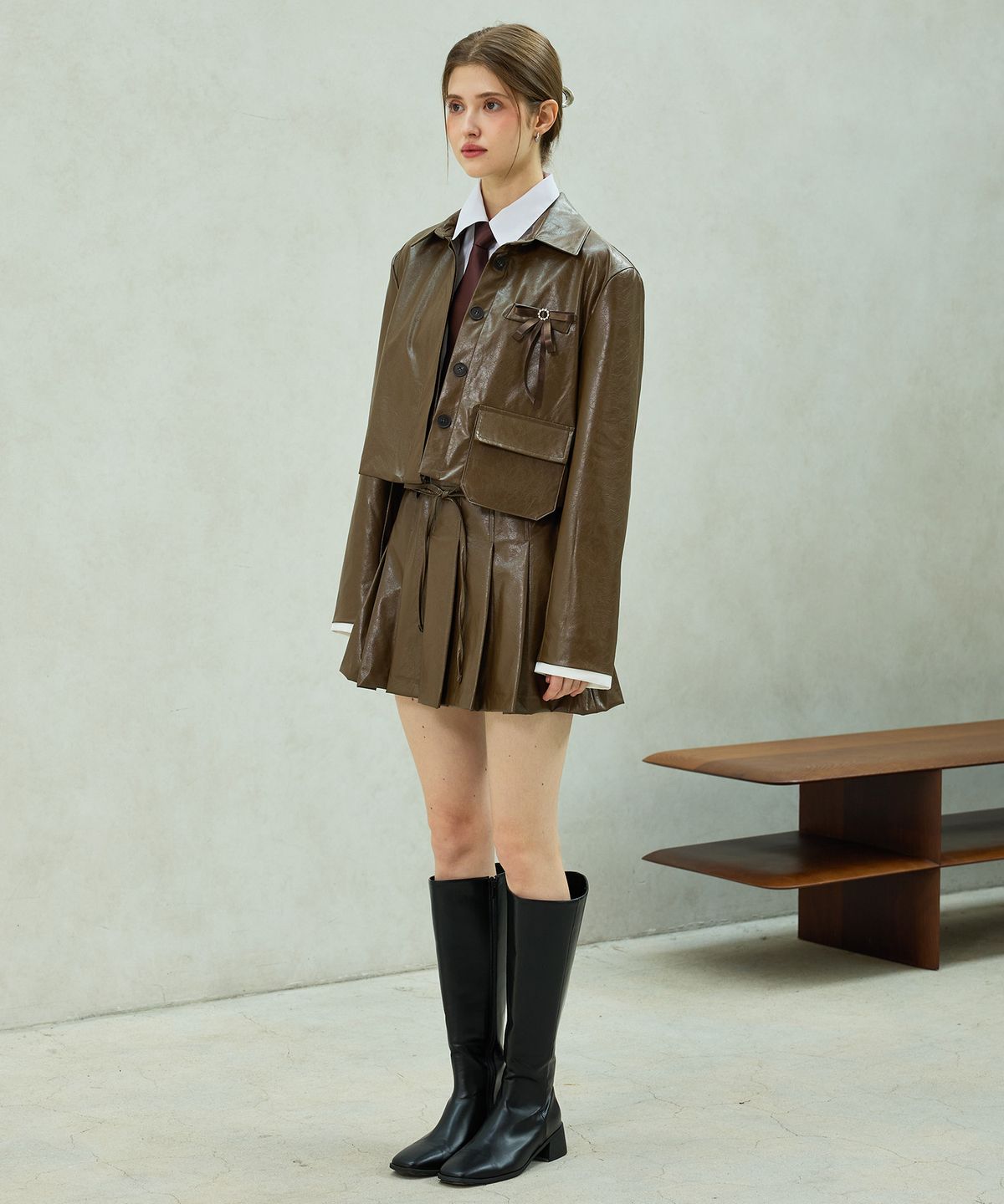 아리킴(ARIKIM) MOLLY LEATHER PLEATS SKIRT PANTS / BROWN