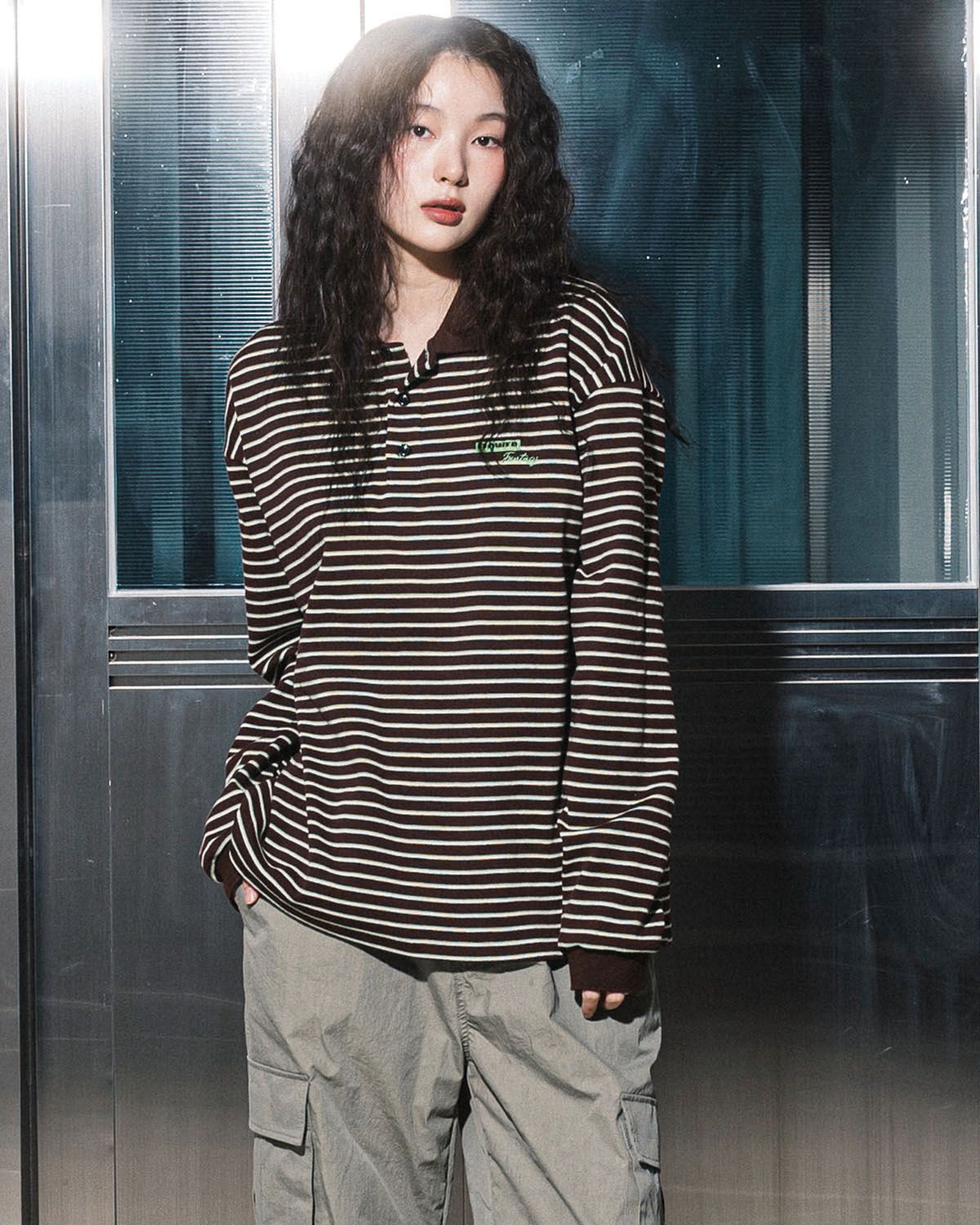 해비즘(HAVISM) FF STRIPE COLLAR L/S TEE(BROWN)