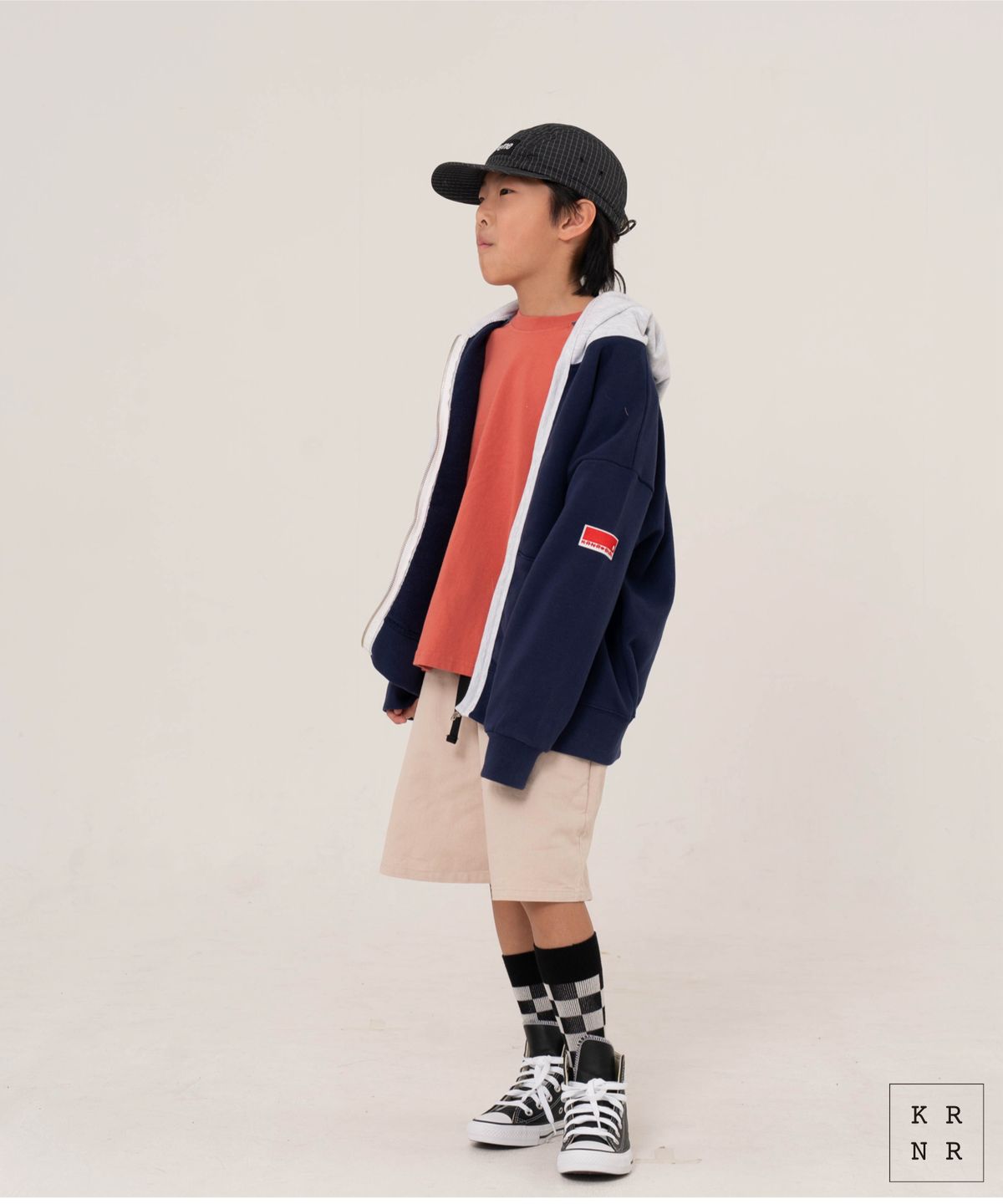 쿠르나르(KRNR) 탑 오버사이즈 컬러 블록 풀집업 후디 점퍼 네이비