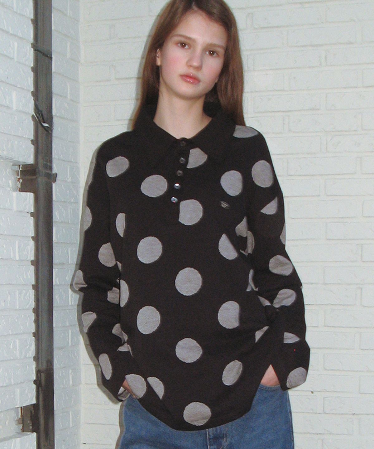 론론(RONRON) BIG DOT RUGBY HENRYNECK COLLAR T SHIRT BLACK