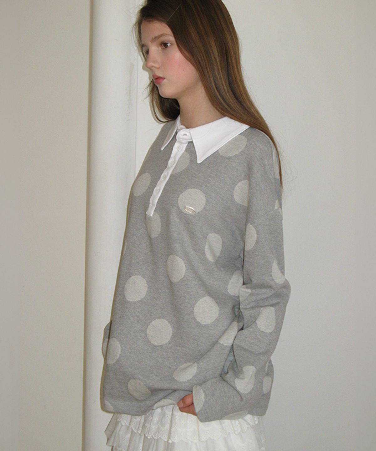 론론(RONRON) BIG DOT RUGBY HENRYNECK COLLAR T SHIRT GREY