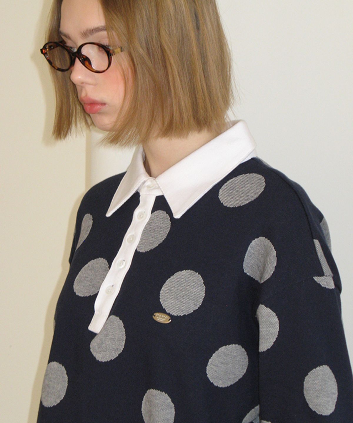 론론(RONRON) BIG DOT RUGBY HENRYNECK COLLAR T SHIRT NAVY