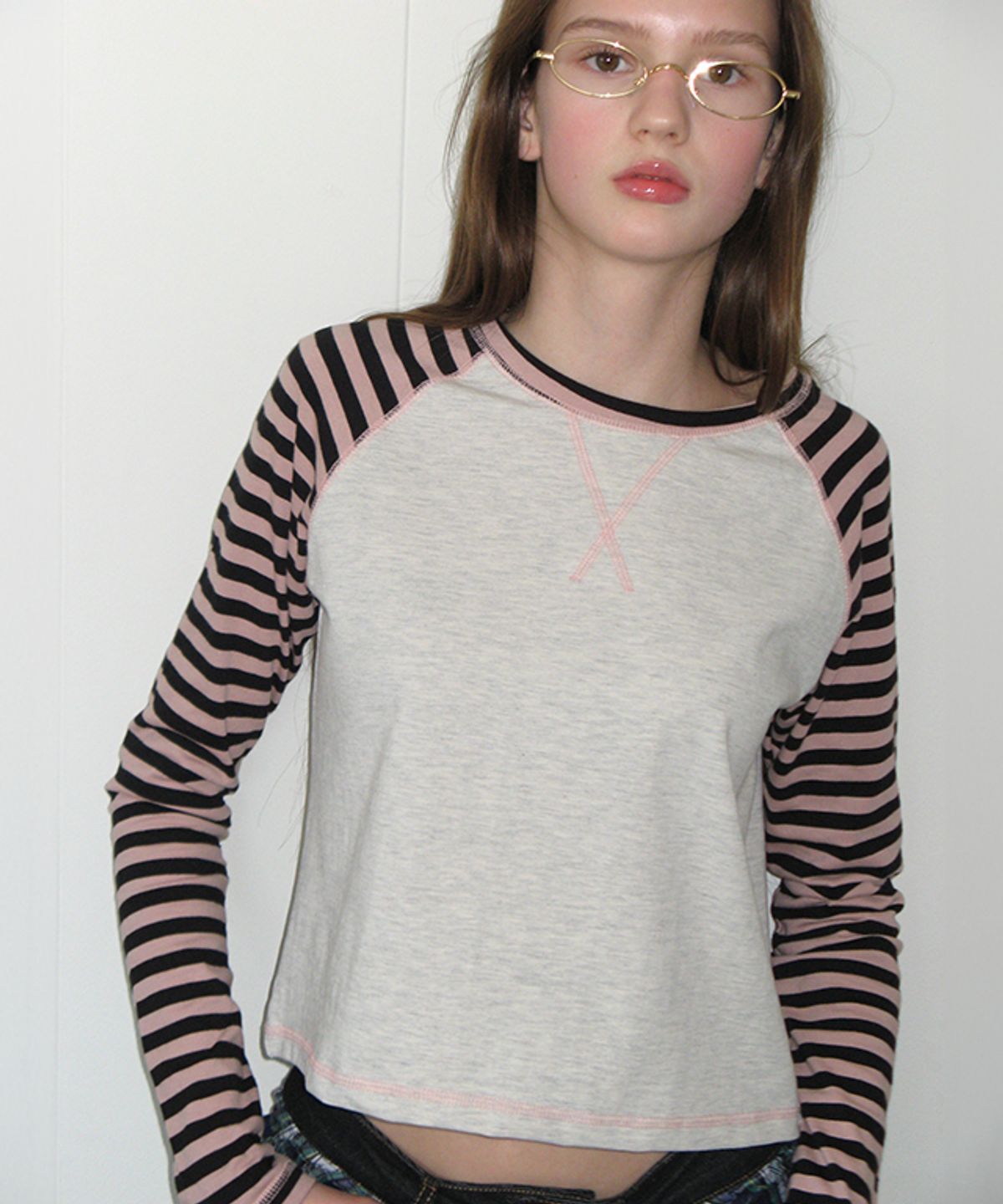 론론(RONRON) OUTSTITCH STRIPE RAGLAN LONG SLEEVE PINK