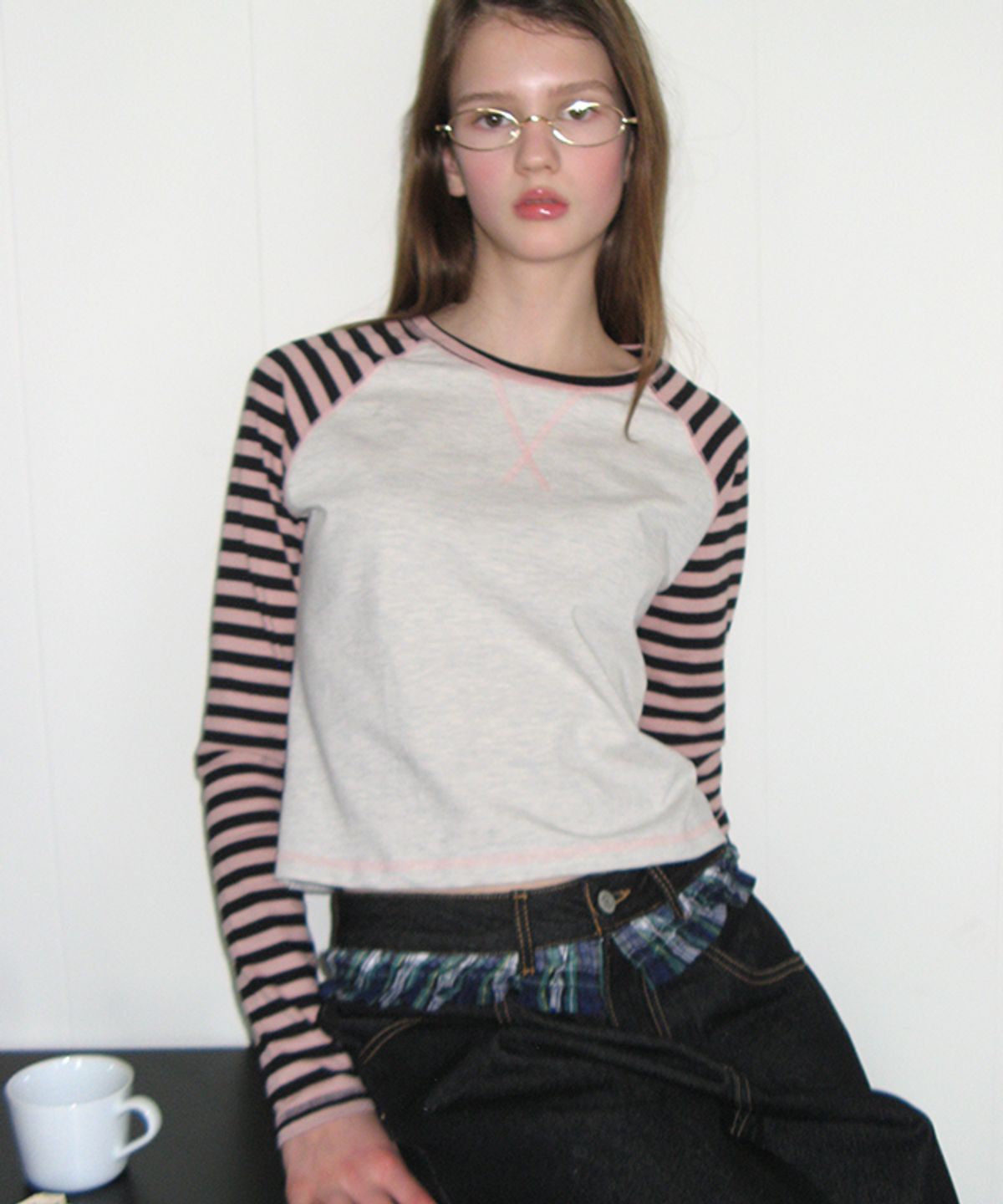 론론(RONRON) OUTSTITCH STRIPE RAGLAN LONG SLEEVE PINK