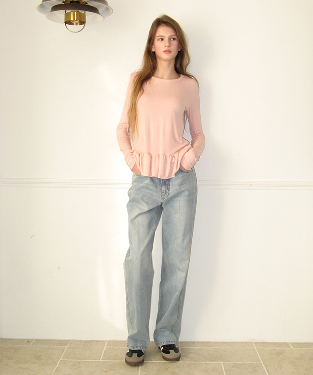 론론(RONRON) PENDANT RUFFLE LAYERED SLIM LONG SLEEVE PINK