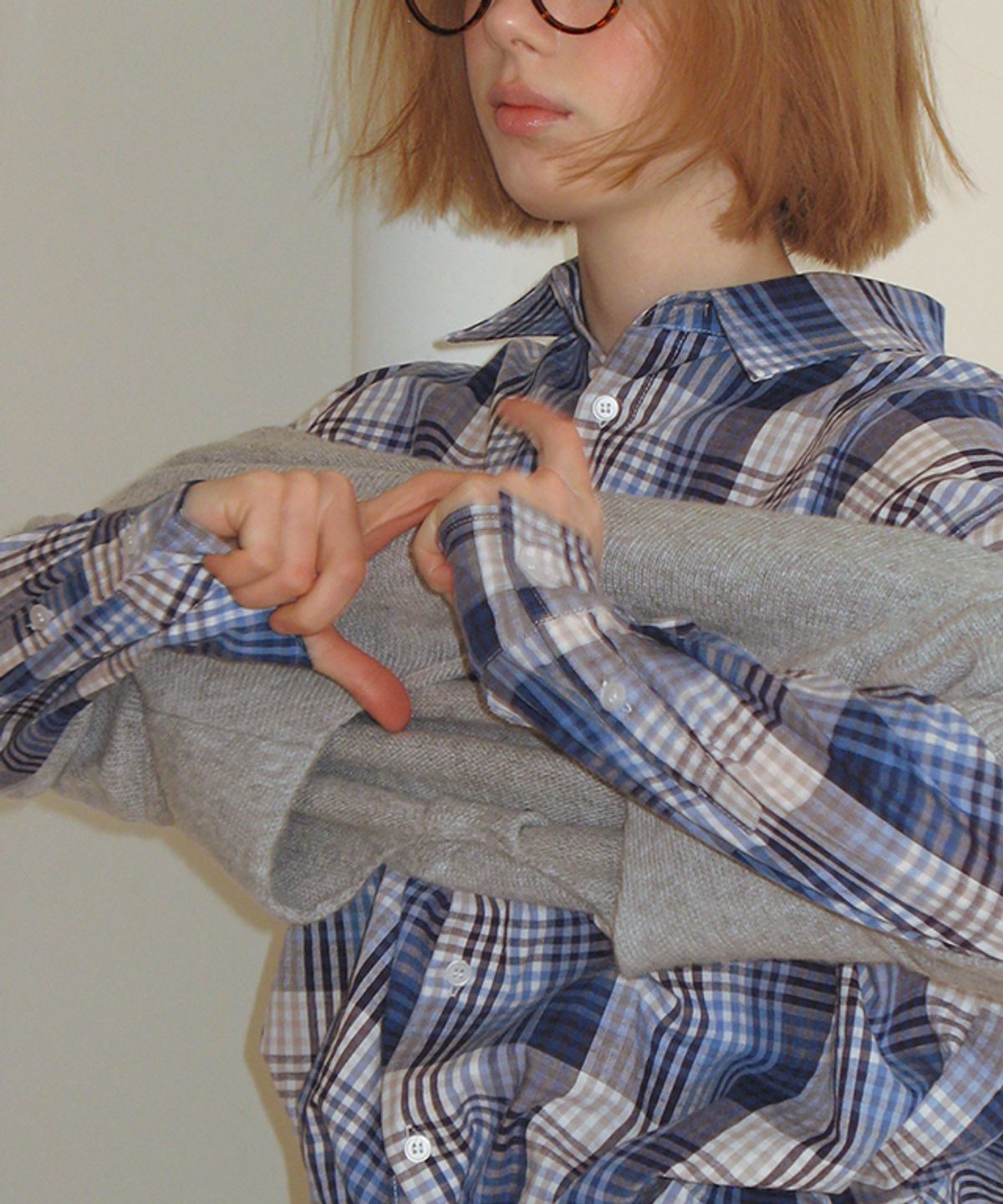 론론(RONRON) CHECK STITCH HEART POCKET OVER FIT SHIRT BLUE