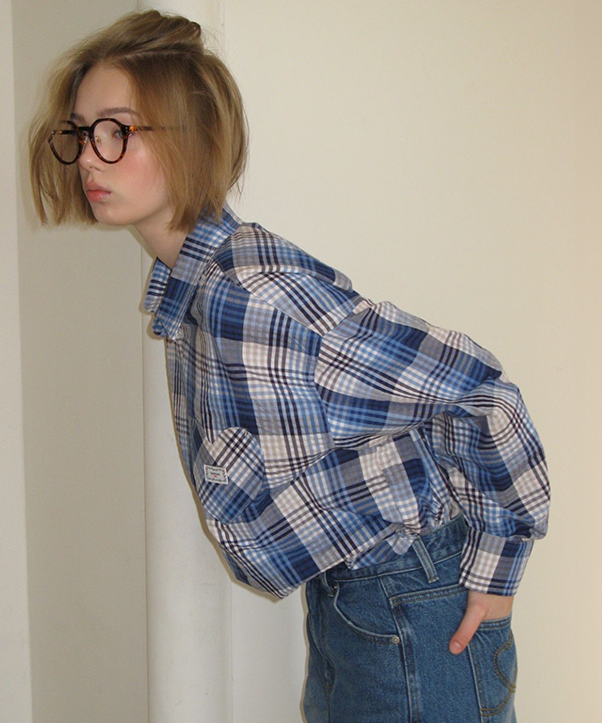 론론(RONRON) CHECK STITCH HEART POCKET OVER FIT SHIRT BLUE