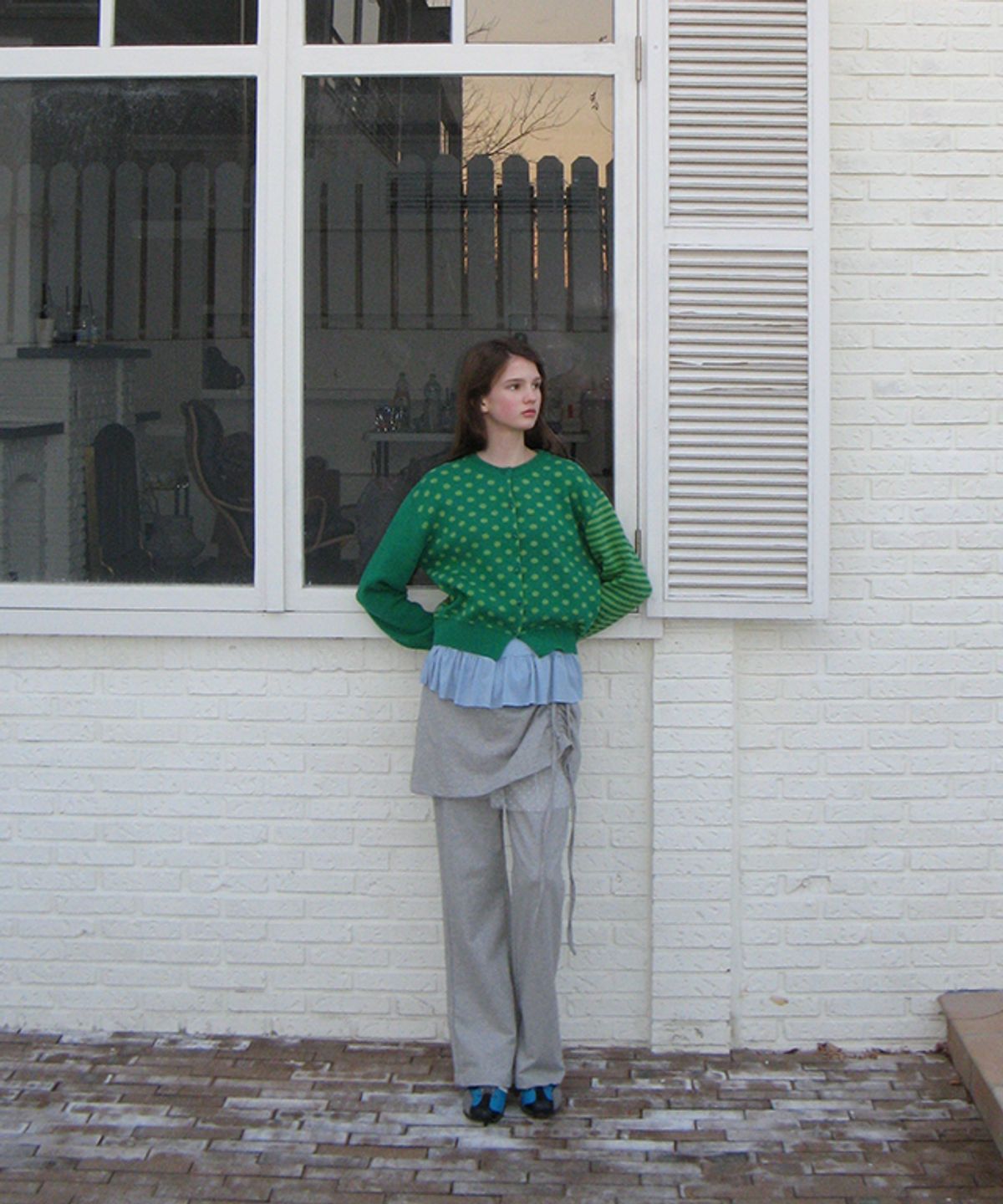 론론(RONRON) BACK STRIPE DOT KNIT CARDIGAN GREEN