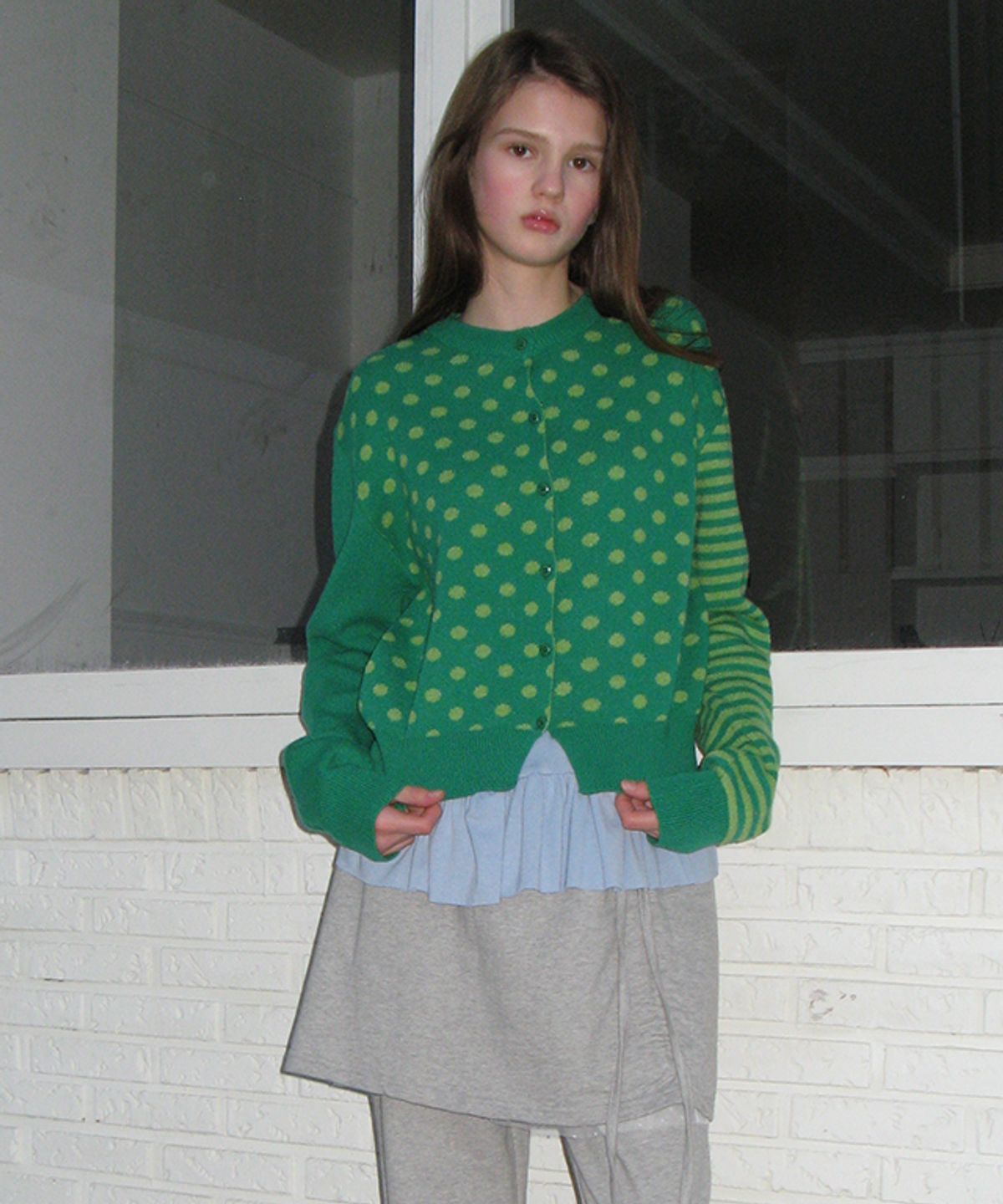 론론(RONRON) BACK STRIPE DOT KNIT CARDIGAN GREEN