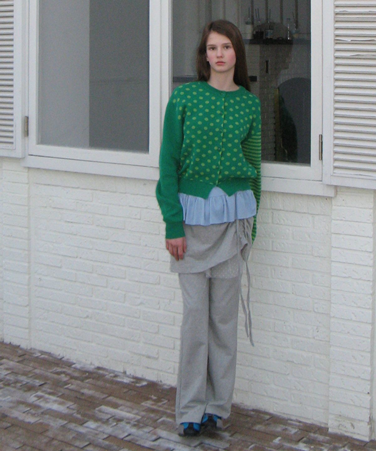 론론(RONRON) BACK STRIPE DOT KNIT CARDIGAN GREEN