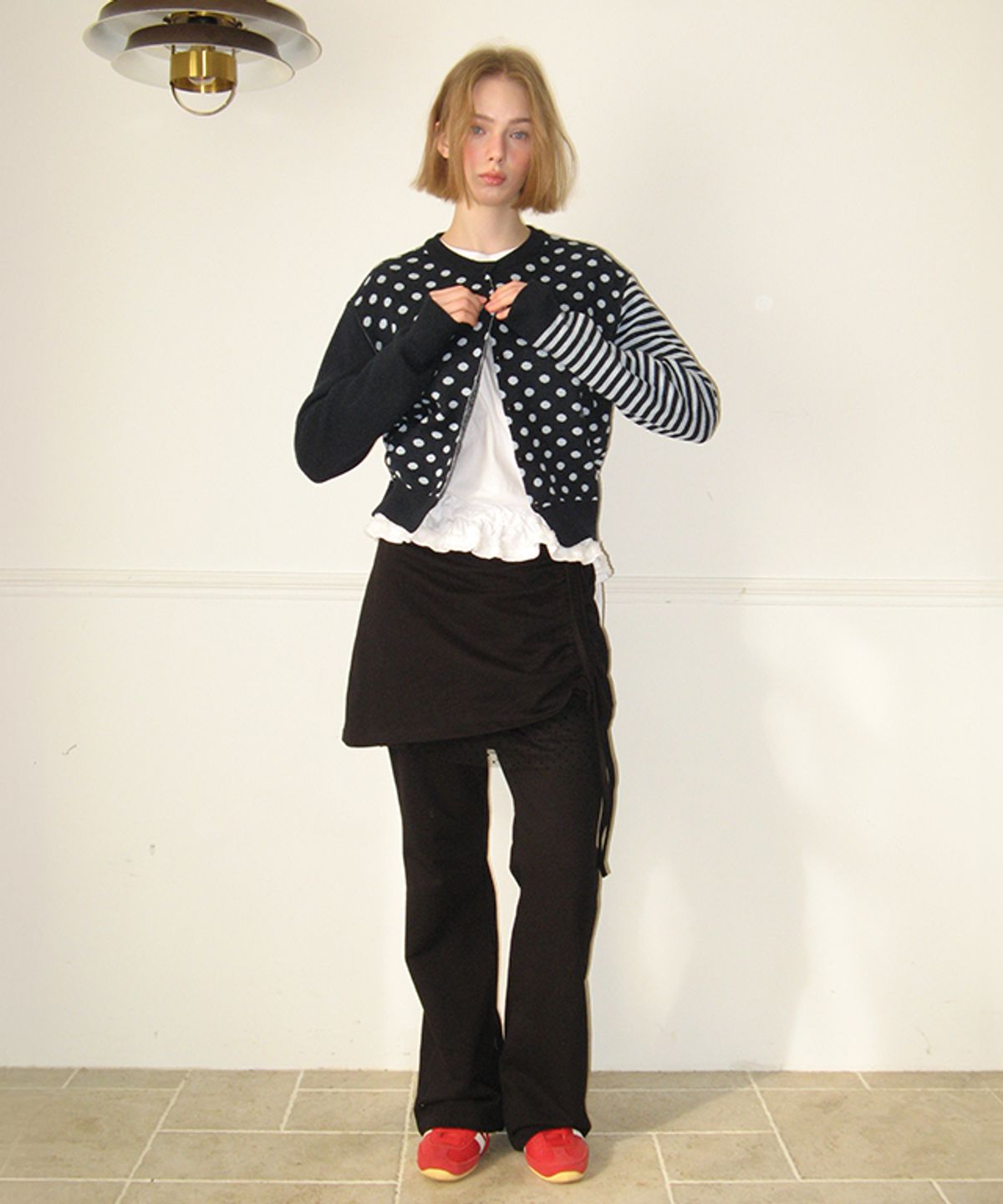 론론(RONRON) BACK STRIPE DOT KNIT CARDIGAN NAVY