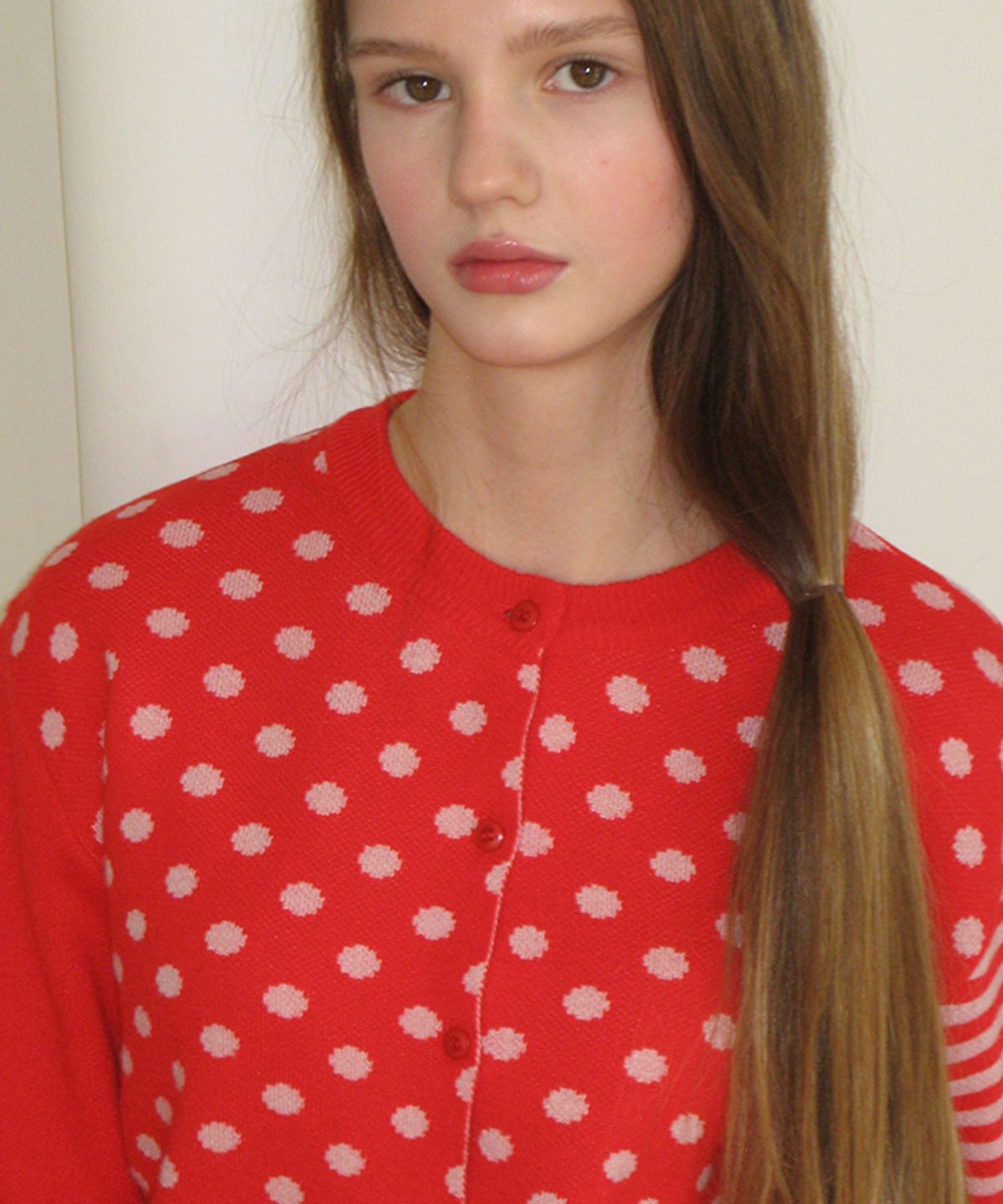 론론(RONRON) BACK STRIPE DOT KNIT CARDIGAN RED