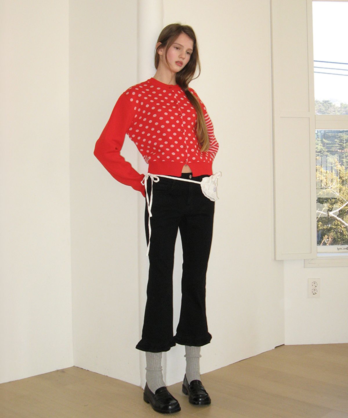 론론(RONRON) BACK STRIPE DOT KNIT CARDIGAN RED