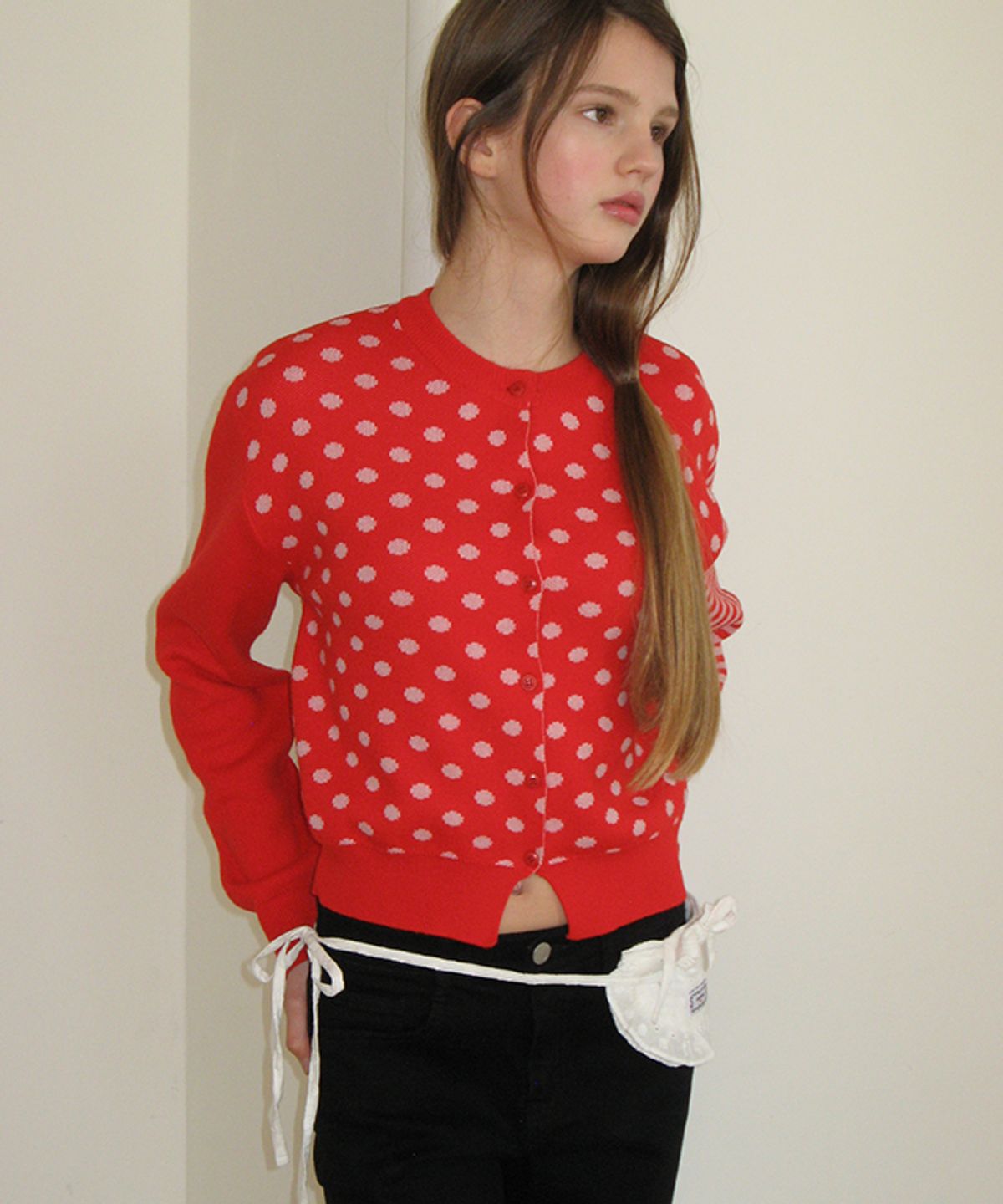 론론(RONRON) BACK STRIPE DOT KNIT CARDIGAN RED