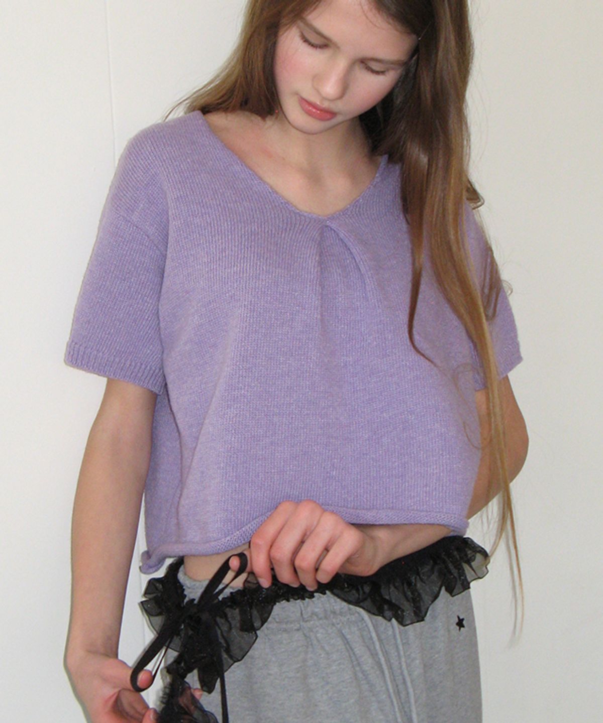 론론(RONRON) KNOT V NECK SHORT SLEEVE KNIT PURPLE