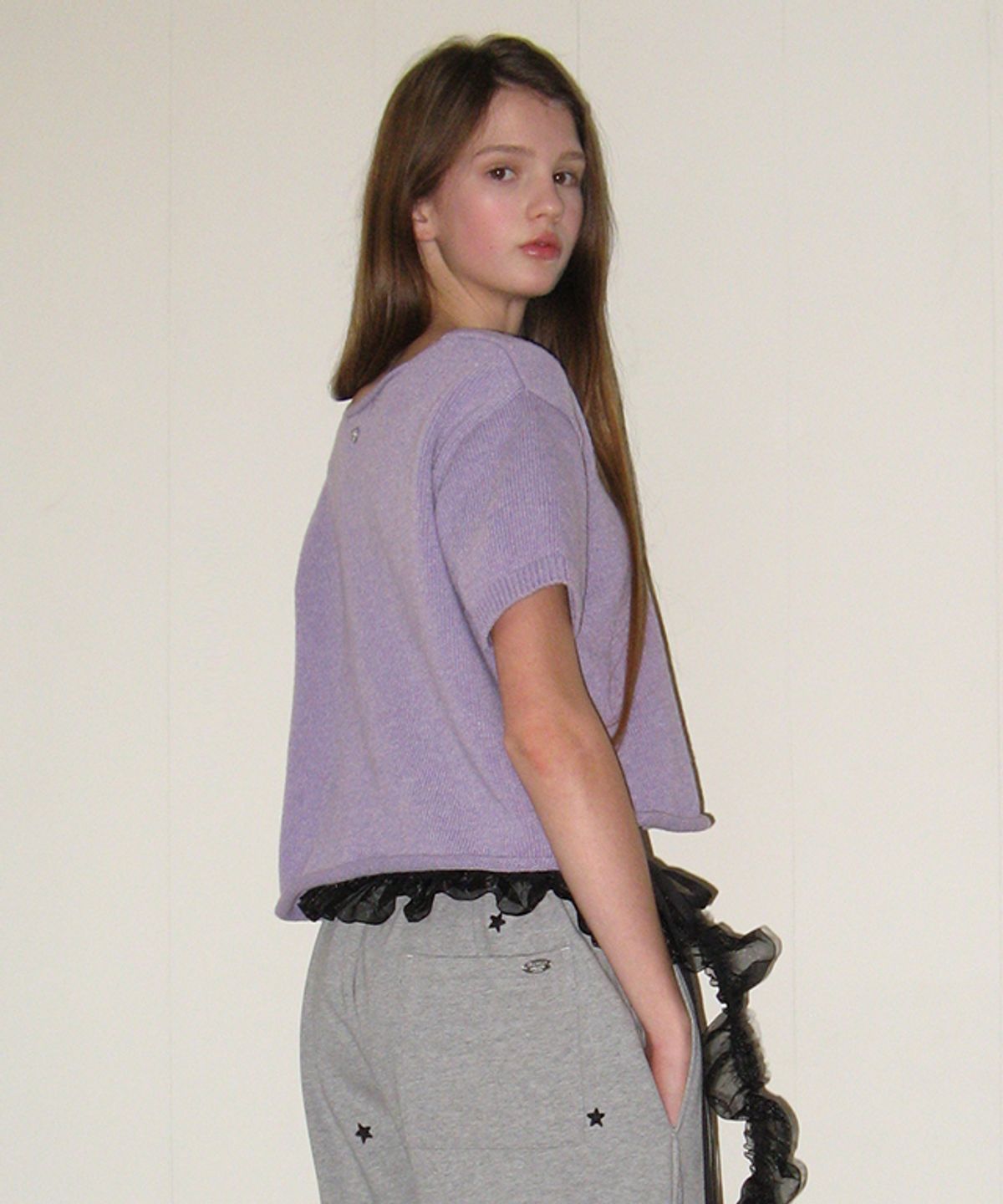 론론(RONRON) KNOT V NECK SHORT SLEEVE KNIT PURPLE