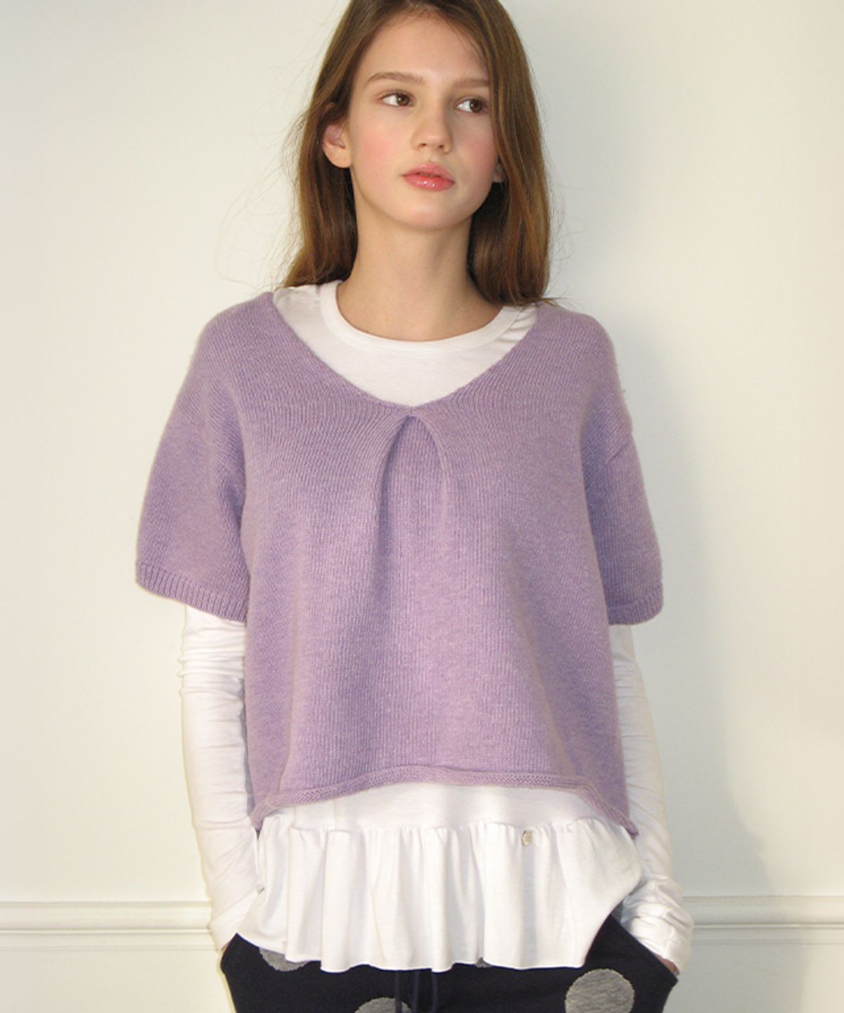 론론(RONRON) KNOT V NECK SHORT SLEEVE KNIT PURPLE