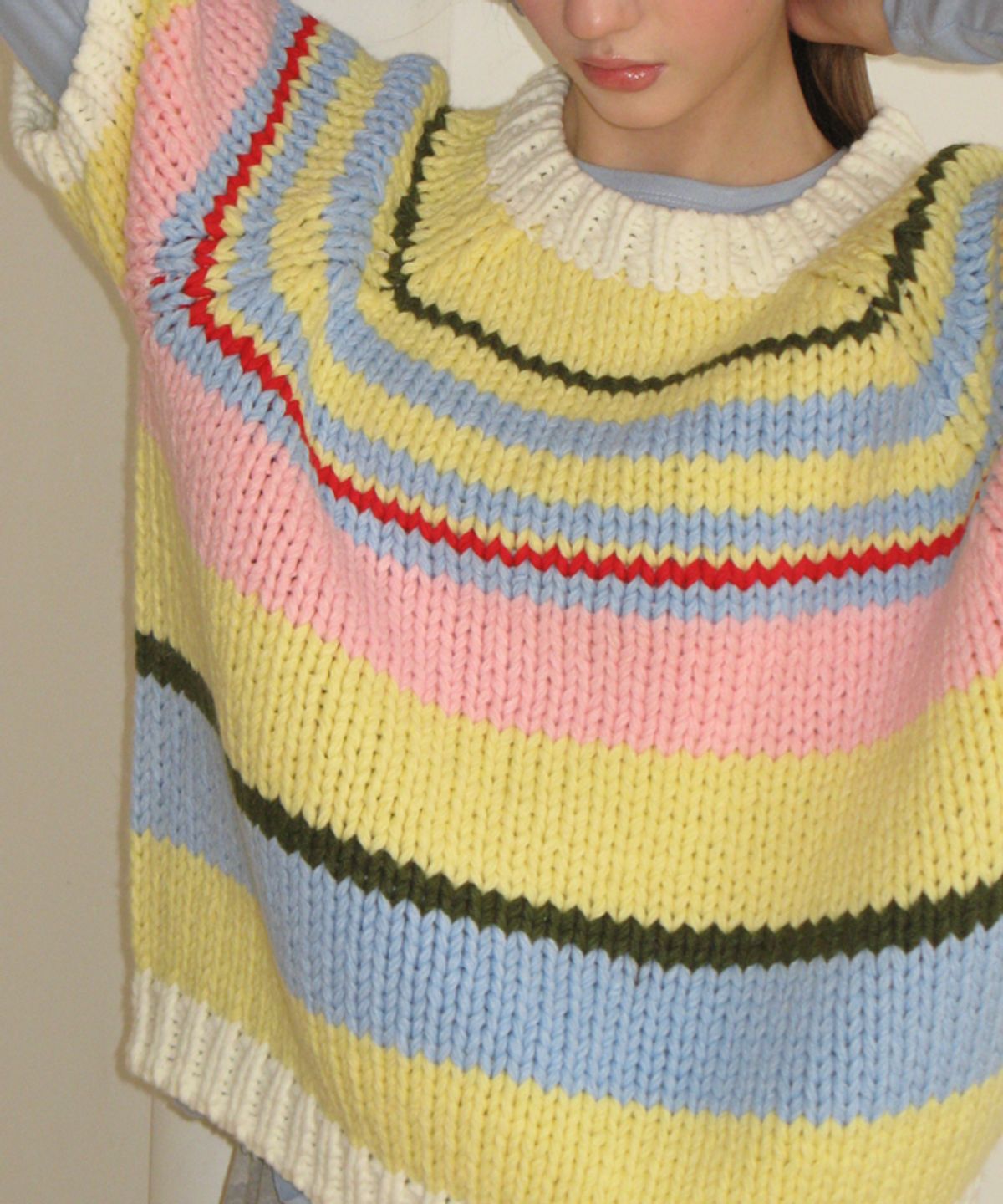 론론(RONRON) MULTI STRIPE SHORT SLEEVE KNIT SOFT YELLOW