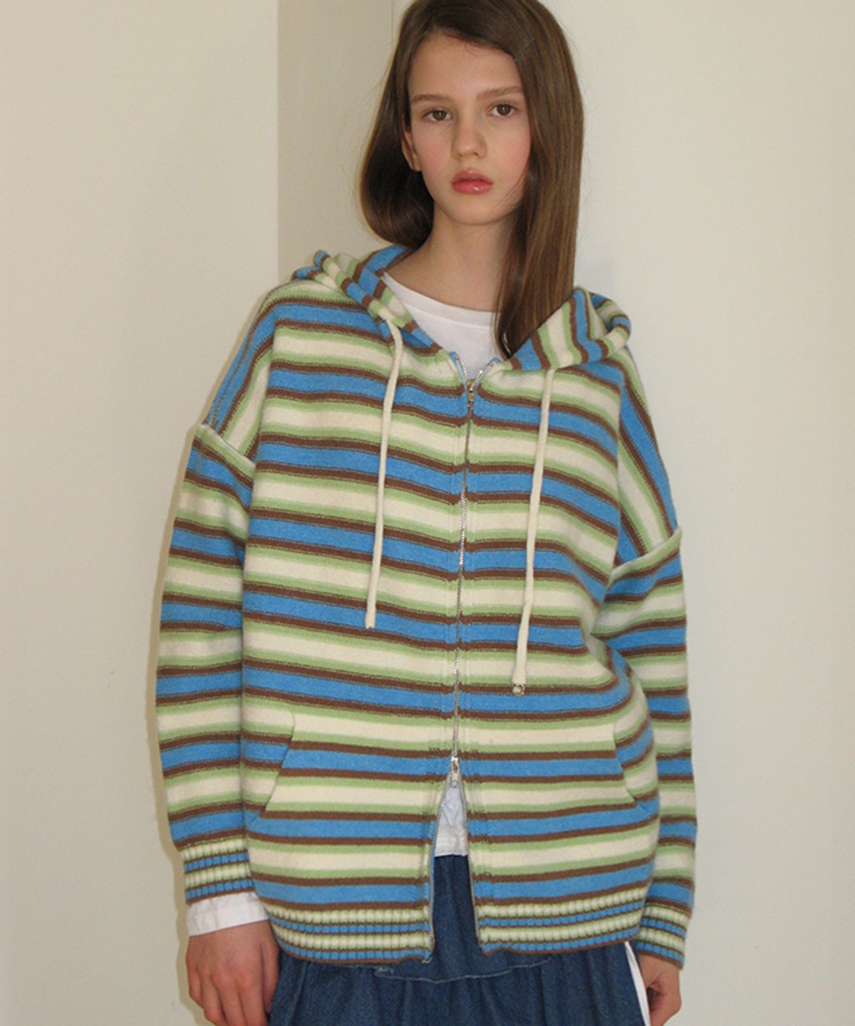 론론(RONRON) MULTI CANDY KNIT HOODIE ZIP UP BLUE STRIPE