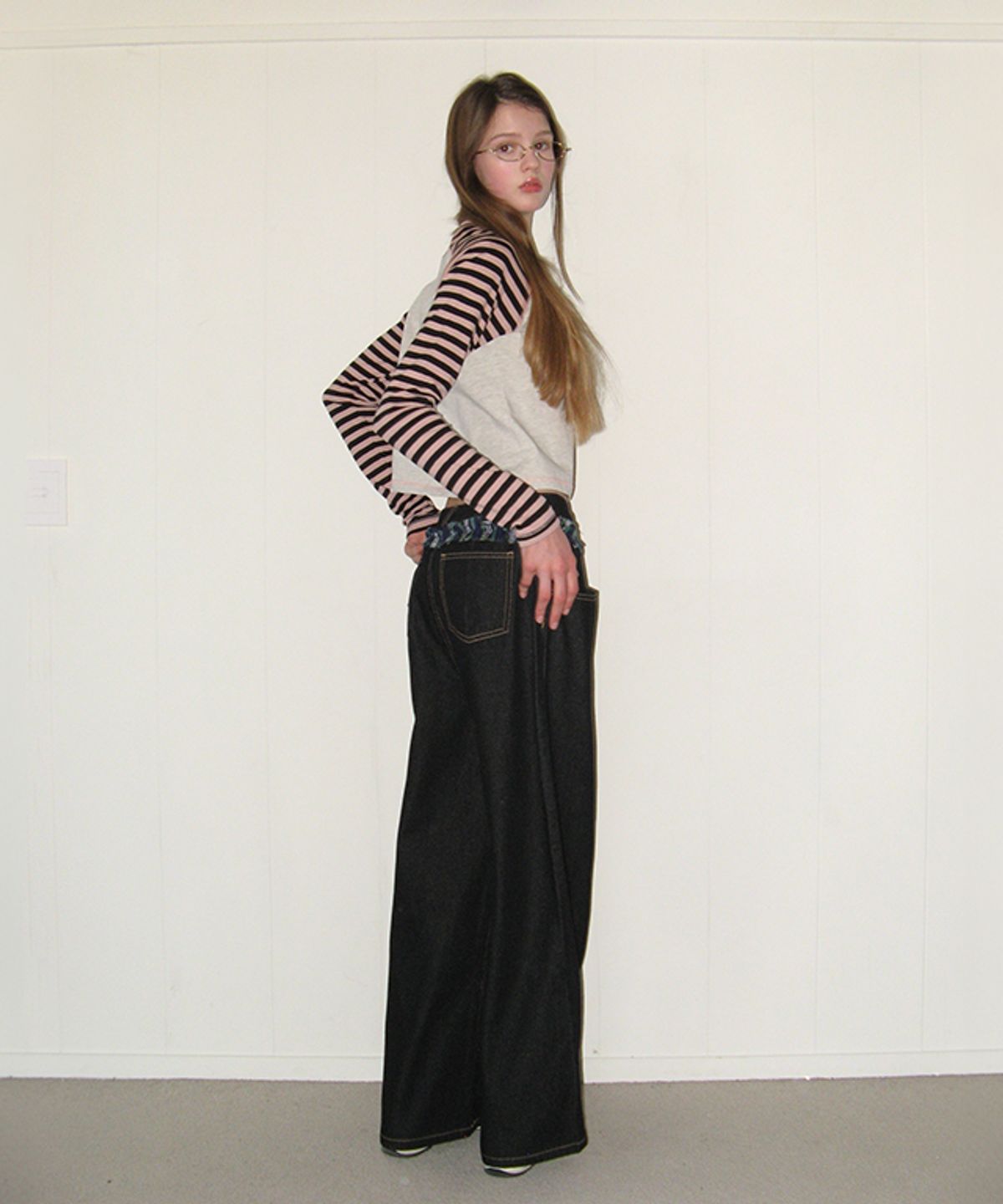 론론(RONRON) CHECK FRILL LAYERED DENIM PANTS BLACK