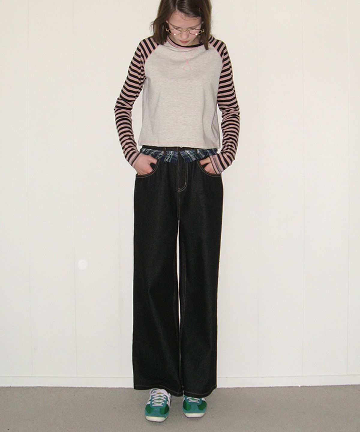 론론(RONRON) CHECK FRILL LAYERED DENIM PANTS BLACK