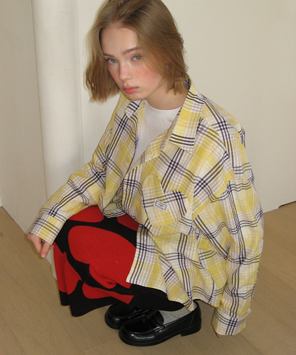론론(RONRON) HEART PATTERN KNIT BANDING SKIRT BLACK RED