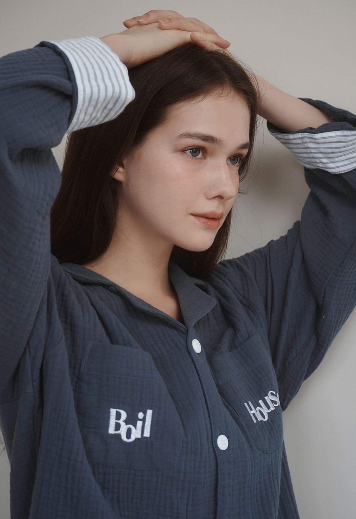 보일하우스(BOIL HOUSE) Sunset Stripe Hem Pajama Set (navy)