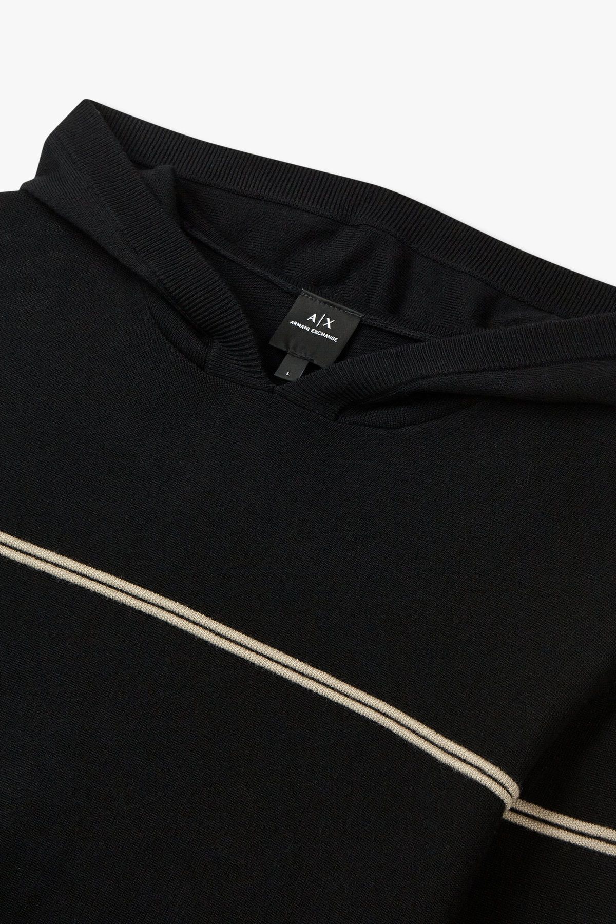 아르마니 익스체인지(ARMANI EXCHANGE) 남성 배색 라인 후디드 니트_다크 네이비 A415132010
