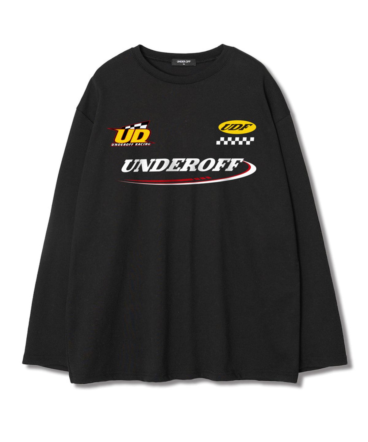 언더오프(UNDEROFF) 레이어드 크루넥 롱슬리브 레이싱 티셔츠 화이트